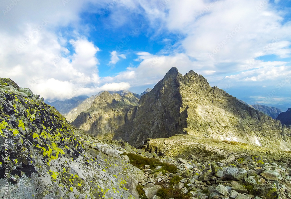 Peaks in High Tatras Mountains: mt.Vysoka (2547m) (on the Left) and mt.Tazky Stit (2500m) (Right), Vysoke Tatry, Slovakia. Picturesque view from the famous mount Rysy (2503m)