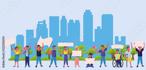 activists people with protest banners and megaphone