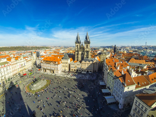 Aerial view of the Old Town Square (Staromestske namesti or Staromak), historic square in the Old Town quarter of Prague, the capital of the Czech Republic