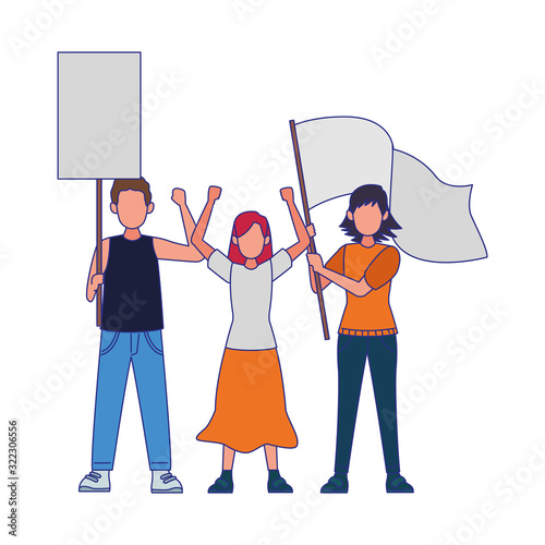 cartoon people protestanting holding flag and sign