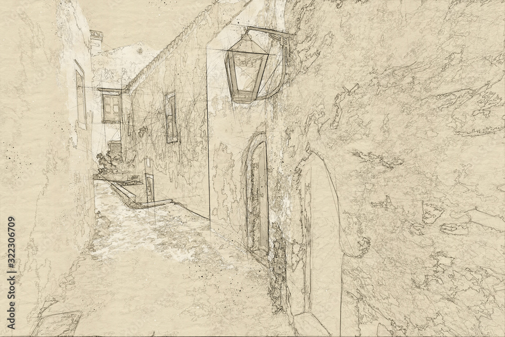 Fototapeta premium Sketch of traditional greek street in monemvasia