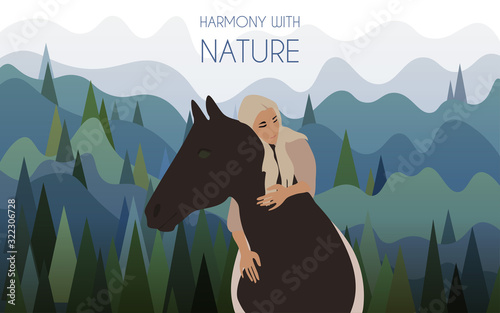 A girl riding a horse without a bridle against the backdrop of a landscape with mountains covered with spruce. Harmony with nature vector illustration.
