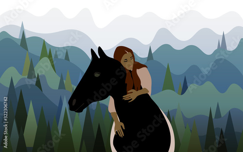 A girl riding a horse without a bridle against the backdrop of a landscape with mountains covered with spruce. Harmony with nature vector illustration.