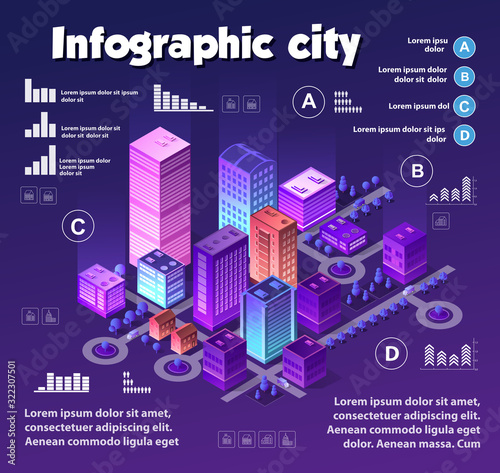 Isometric neon city infographics of violet colors