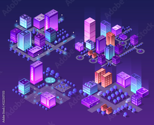 Isometric neon city set of violet colors