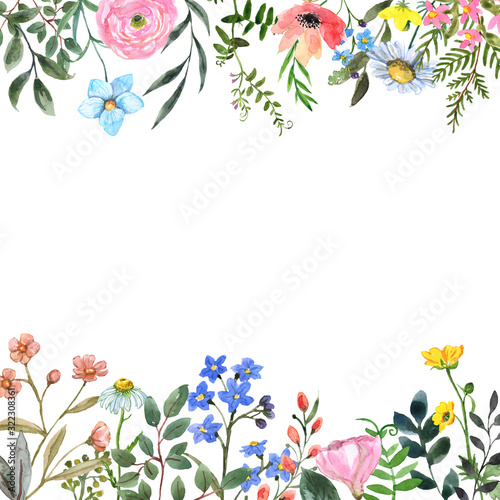 Watercolor wildflower border frame with blank space for text. Hand drawn pink...