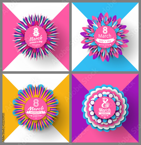 Ladies day holiday cards with origami flowers. Vector 8 March posters with bloomings paper cut decorations, womens day celebration traditional postcards