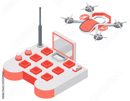 Drone with remote controller, wireless device with propellers, quadcopter symbol, aircraft with remotely radio controlled flying robots, discovery air robot for video and photo, multicopter vector