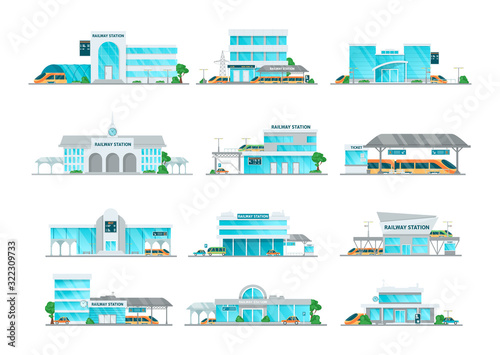 Railway station building cartoon set vector illustration