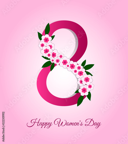 Happy Women's Day greeting card, banner with pink number 8, decorated with spring flowers and text on isolated background