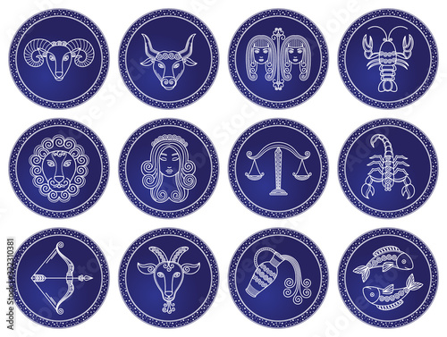Twelve astrological signs. Icons of aquarius and gemini, virgo and scorpio, cancer and taurus, aries and libra, leo and pisces, capricort and sagittarius. Vector illustration of zodiacs in flat style