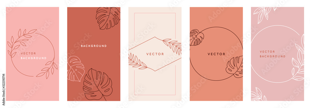 Vector design templates in simple modern style with copy space for text, flowers and leaves - wedding invitation backgrounds, social media stories wallpapers Vector design templates in simple modern style with copy space for text, flowers and leaves - wedding invitation backgrounds, social media stories wallpapers