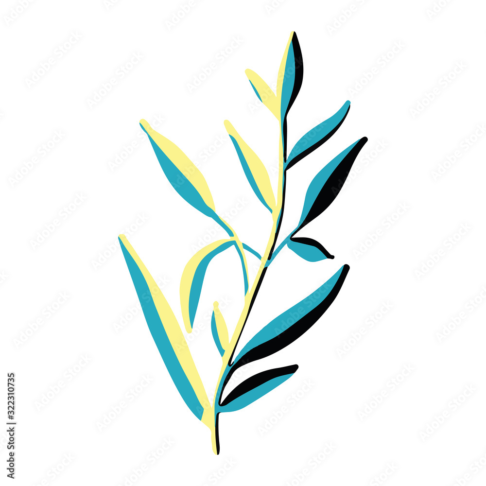 A branch with leaves with nice shadows. Tropical element on a white background. Vector stock illustration. A branch with leaves with nice shadows. Tropical element on a white background. Vector stock illustration.