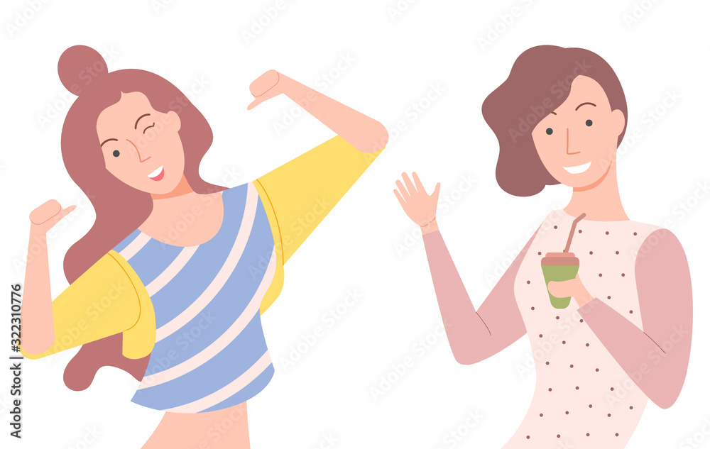 Cheerful female character vector, isolated set of woman, friends happy ladies drinking coffee or tea poured in plastic cup. Hipster personage style Cheerful female character vector, isolated set of woman, friends happy ladies drinking coffee or tea poured in plastic cup. Hipster personage style