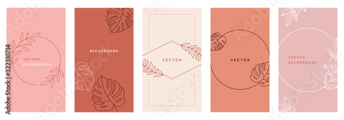 Vector design templates in simple modern style with copy space for text, flowers and leaves - wedding invitation backgrounds, social media stories wallpapers