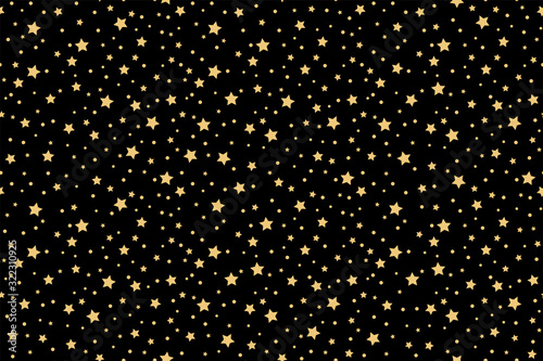 A scattering of gold stars on a black night sky, seamless vector pattern.