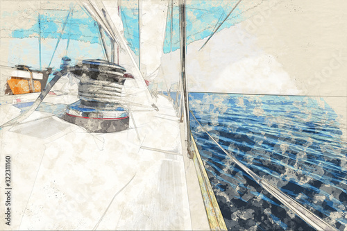 Sketch of  sail vessel surfing on the sea © elgreko