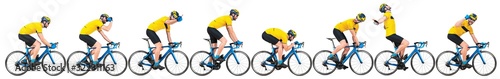 professional bicycle road racing cyclist racer set collection in yellow jersey on light weight blue carbon race cycle in various poses position and gestures isolated wide white panorama background