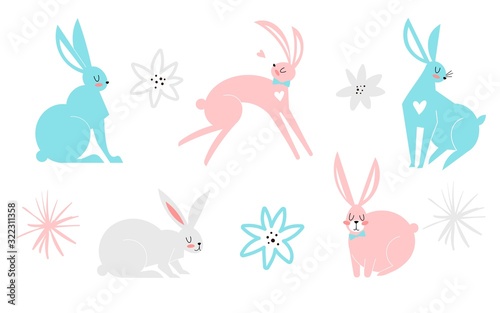Set of cute Easter cartoon characters rabbits and design elements. Bunny and flowers. Animals in a flat style isolated on white background. cute characters set, for Easter, kids and baby t-shirts © nadia1992