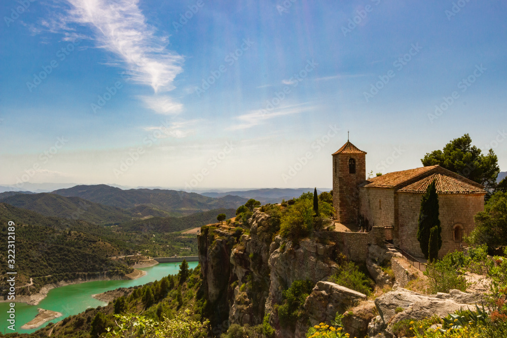  Church in the Siurana village of Tarragona with river and landscape.