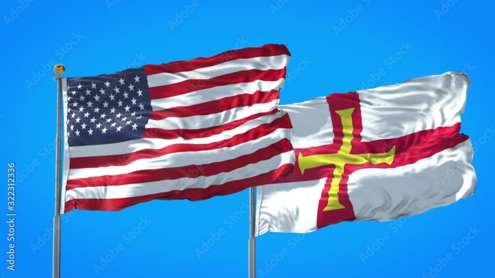 Guernsey and United States flag waving in deep blue sky together. High Definition 3D Render. Guernsey and United States flag waving in deep blue sky together. High Definition 3D Render.