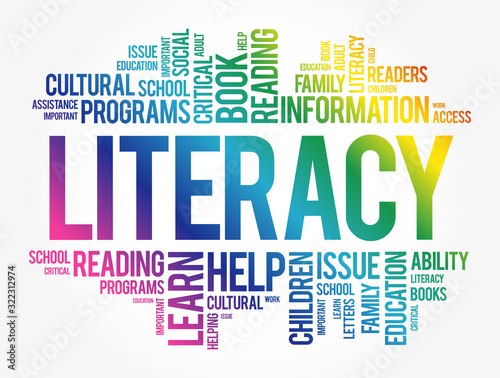 Literacy word cloud collage, education concept background