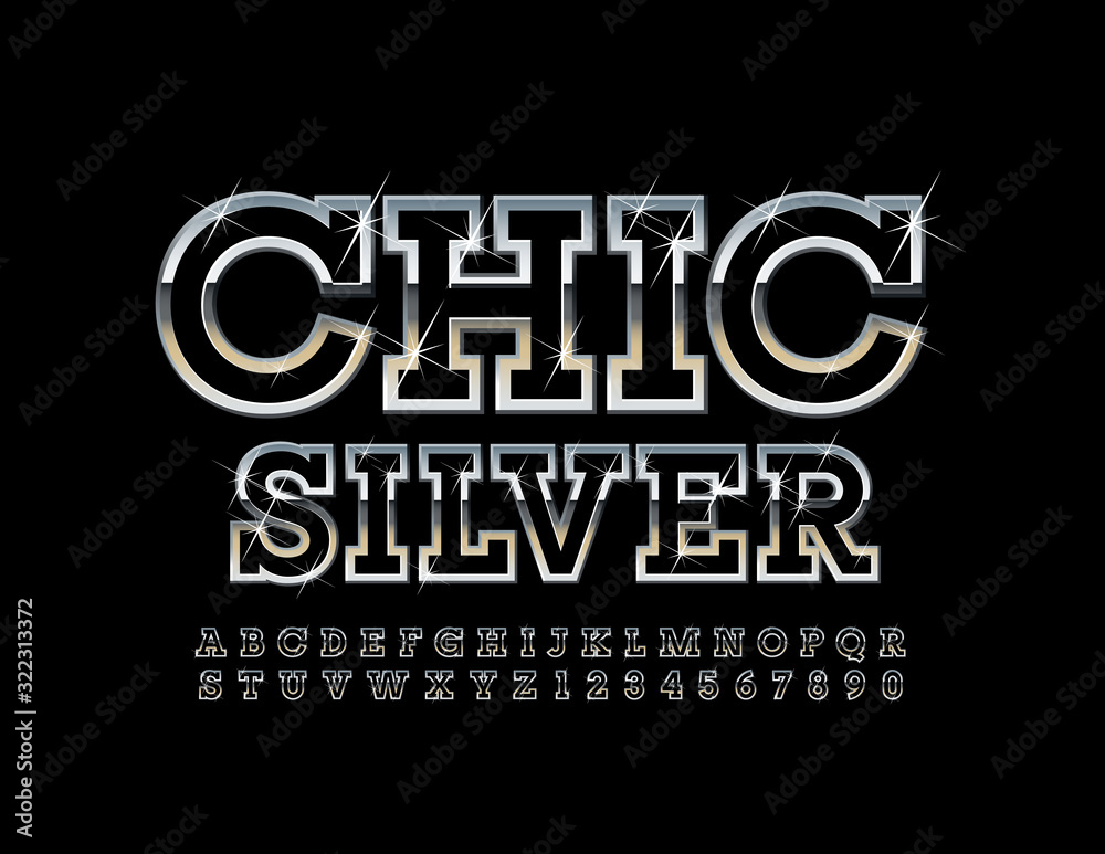 Obraz premium Vector Chic Silver Font with sparkling Stars. Stylish Metallic Aiphabet Letters and Symbols.
