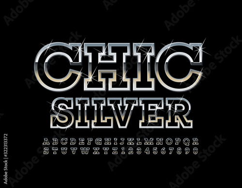 Vector Chic Silver Font with sparkling Stars. Stylish Metallic Aiphabet Letters and Symbols.