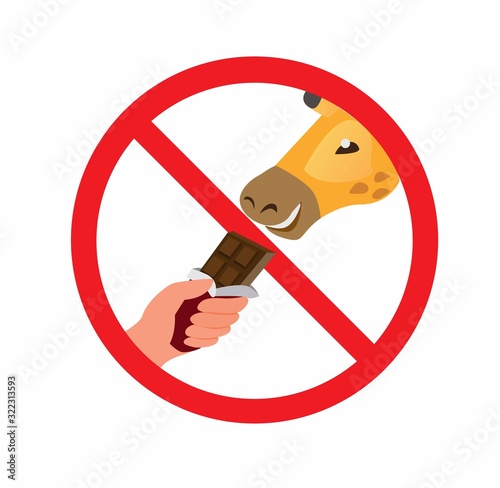no feed on animal sign, hand holding chocolate bar giving to giraffe prohibition in zoo or park in cartoon flat illustration vector