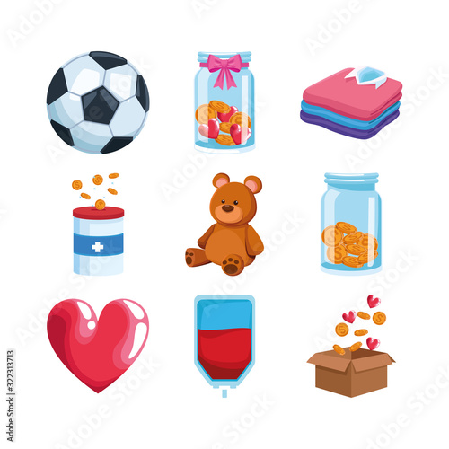 icon set of donation and toys concept, colorful design