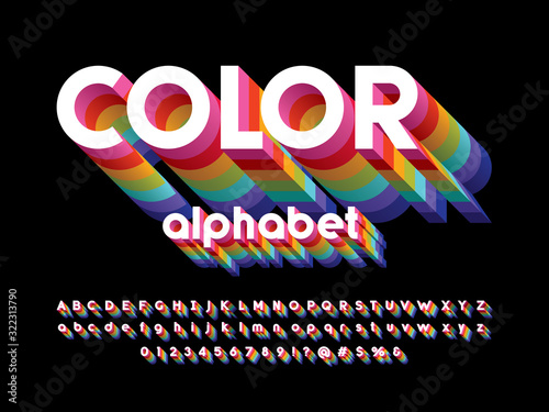 Colorful stylized alphabet design with uppercase, lowercase, numbers and symbols