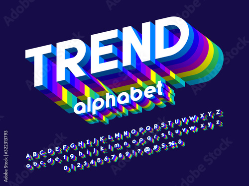 Colorful stylized alphabet design with uppercase, lowercase, numbers and symbols