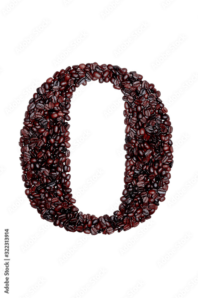 Letter O of the English alphabet of freshly roasted cocoa beans on a white isolated background. coffee pattern made from coffee beans