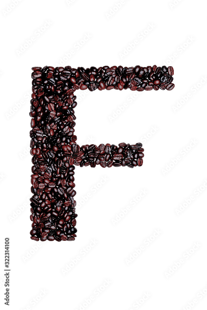 Letter F of the English alphabet of freshly roasted cocoa beans on a white isolated background. coffee pattern made from coffee beans Letter F of the English alphabet of freshly roasted cocoa beans on a white isolated background. coffee pattern made from coffee beans