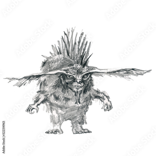 Troll drawing, pencil sketch. Fat scary character from a fairy tale.