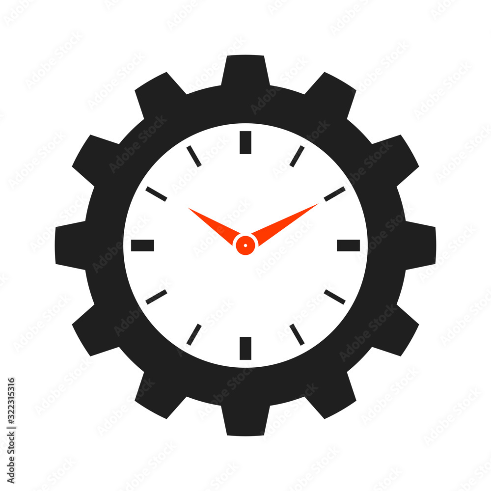 Clock and gear icon. Flat style icon. Isolated on white background. Clock and gear icon. Flat style icon. Isolated on white background.