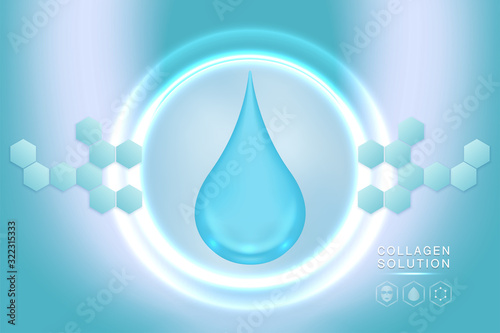Hyaluronic acid skin solutions ad, blue collagen serum drop with cosmetic advertising background ready to use, illustration vector. 
