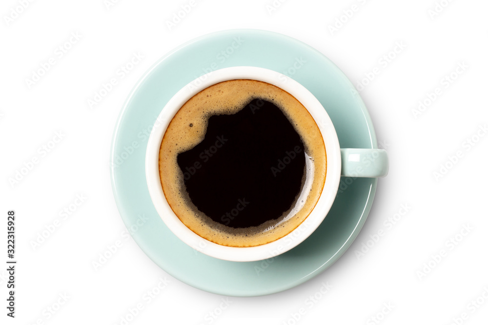 blue coffee cup top view closeup isolated on white background.