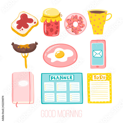 Good morning. Cute set of girlish stickers. Vector illustration in a simple cartoon style.