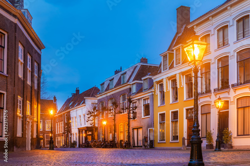 Historic houses on the Pieterskerkhof in the old city center of Leiden, The Netherlands