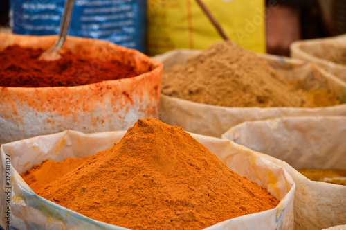 Moroccoan colorful spices, herbs, stalls at markets and souks