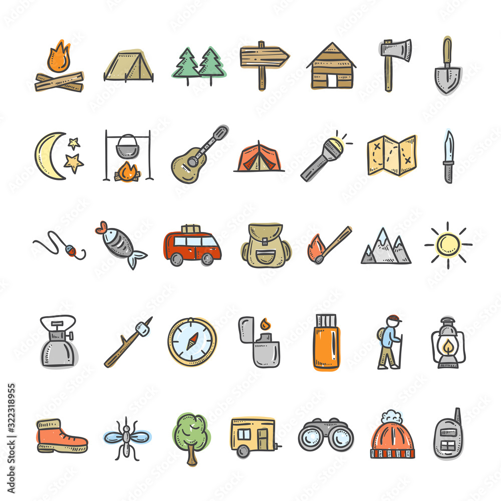 Fototapeta Camping doodle color icons. Cute hand drawn vector elements and symbols for nature tourism and outdoor travel