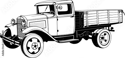 vintage truck with body, 1920s, monogram, black, vector drawing, graphic, isolated, monogram, symbol, logo