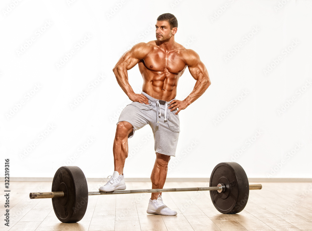 Muscular Men, Bodybuilder Preparing To Lift Heavy Weights, Barbell Muscular Men, Bodybuilder Preparing To Lift Heavy Weights, Barbell