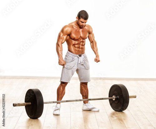 Muscular Men, Bodybuilder Preparing To Lift Heavy Weights, Barbell