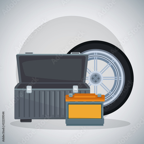 car tire with empty tools box and battery, colorful design