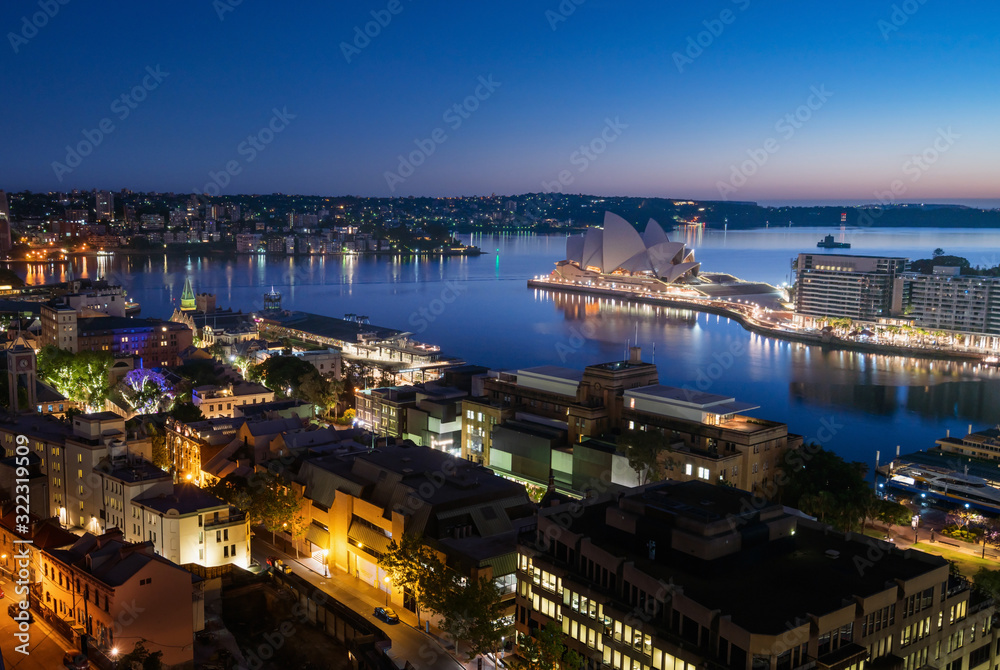 sunrise, Aerial view of Sydney with Harbour Bridge, Australia
