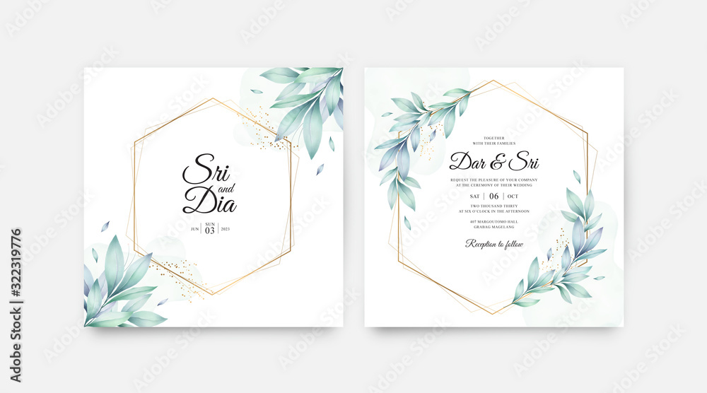 Beautiful leaves watercolor on wedding invitation card template