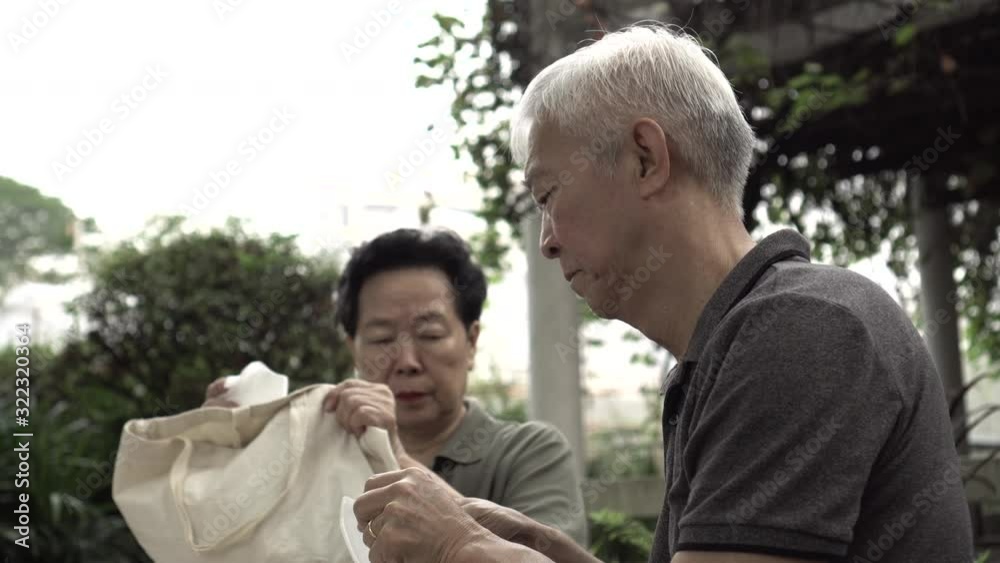 Asian senior couple wearing mask prevent from virus and polluted pm 2.5 Asian senior couple wearing mask prevent from virus and polluted pm 2.5