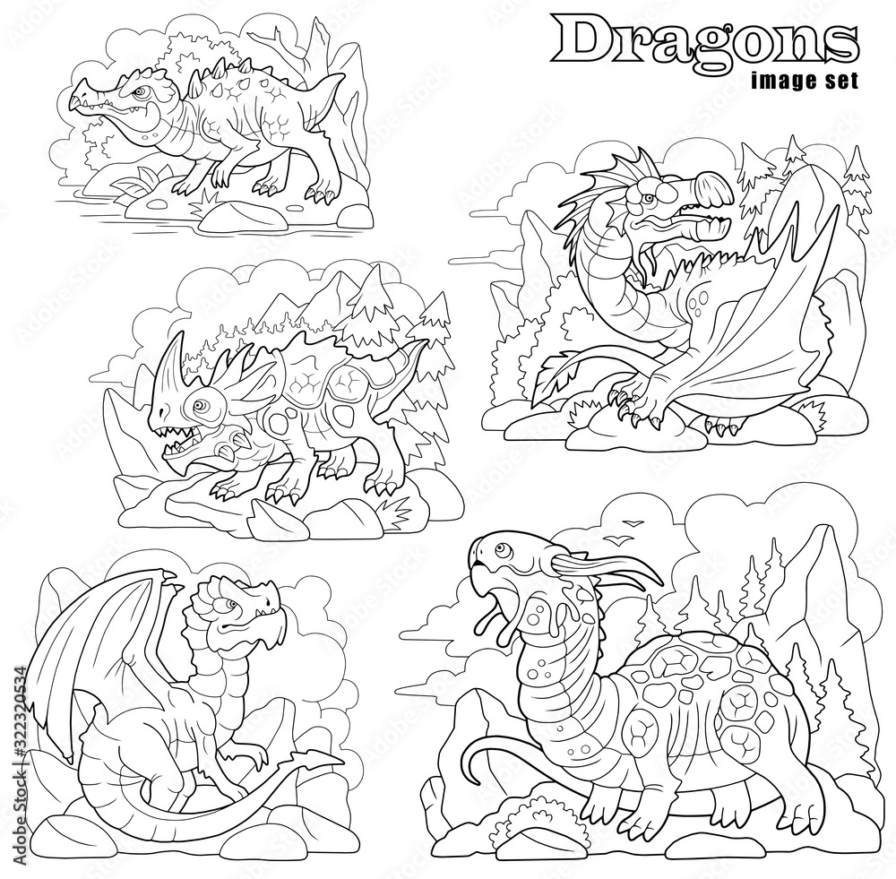 cartoon ancient dragons, coloring book, set of funny images cartoon ancient dragons, coloring book, set of funny images